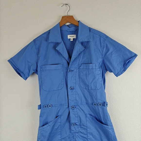 Pistola Nwot PARKER Button Up Short Sleeve Romper In Azure Blue Size XS Women's